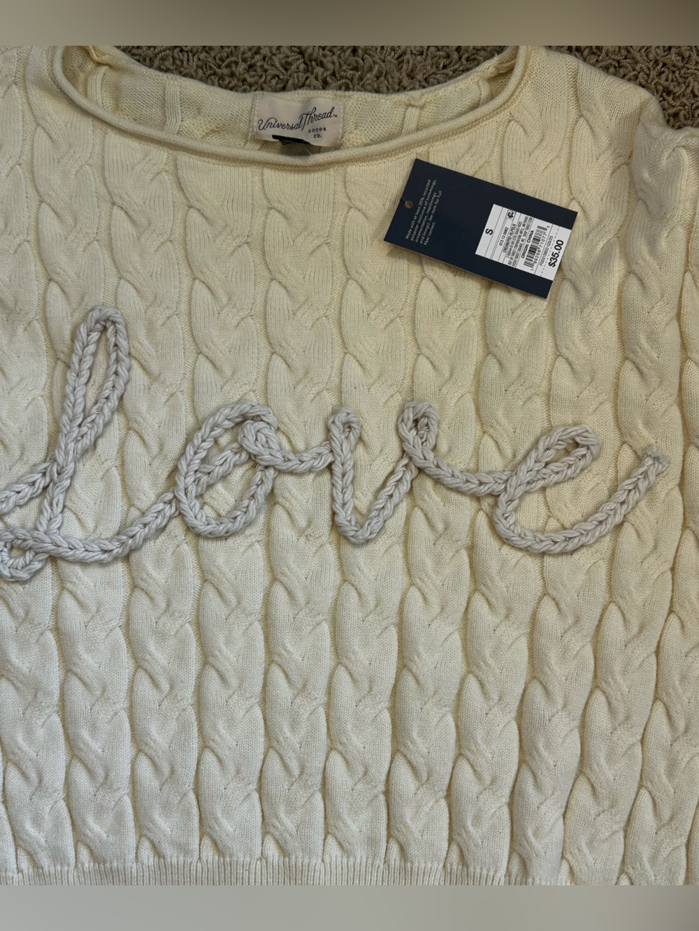 UNIVERSAL THREAD size SMALL Pale Yellow Crewneck Sweater "LOVE" NEW $35 - Picture 7 of 11